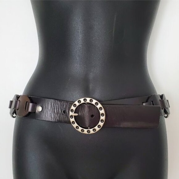 Dark Brown Belt w Leather Interlocking Circular Cut-outs & Metal Accent Rings - Picture 2 of 6